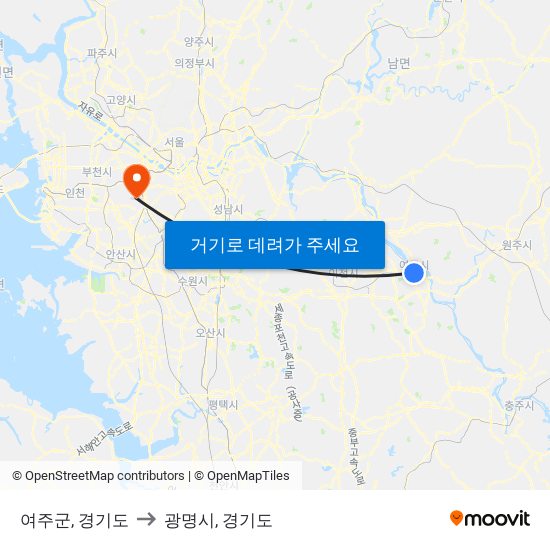 여주군, 경기도 to 광명시, 경기도 map