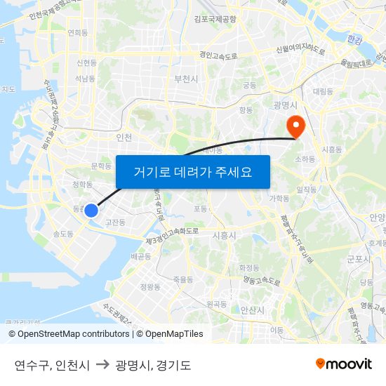 연수구, 인천시 to 광명시, 경기도 map