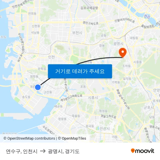연수구, 인천시 to 광명시, 경기도 map