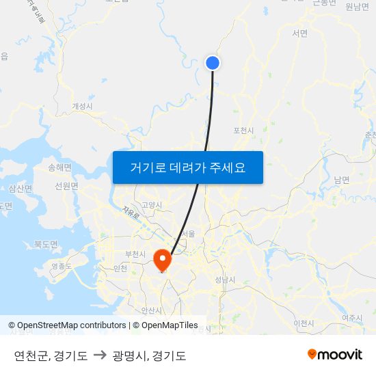 연천군, 경기도 to 광명시, 경기도 map