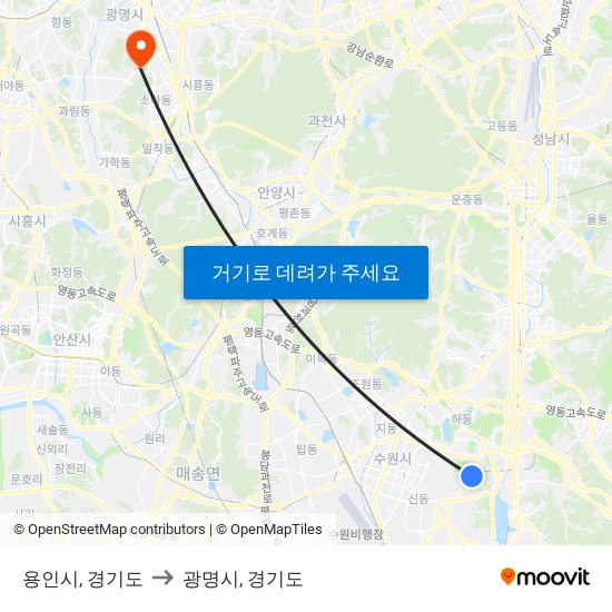 용인시, 경기도 to 광명시, 경기도 map