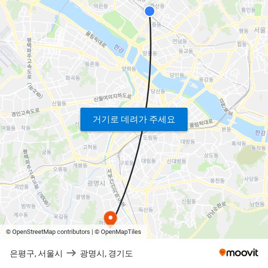 은평구, 서울시 to 광명시, 경기도 map
