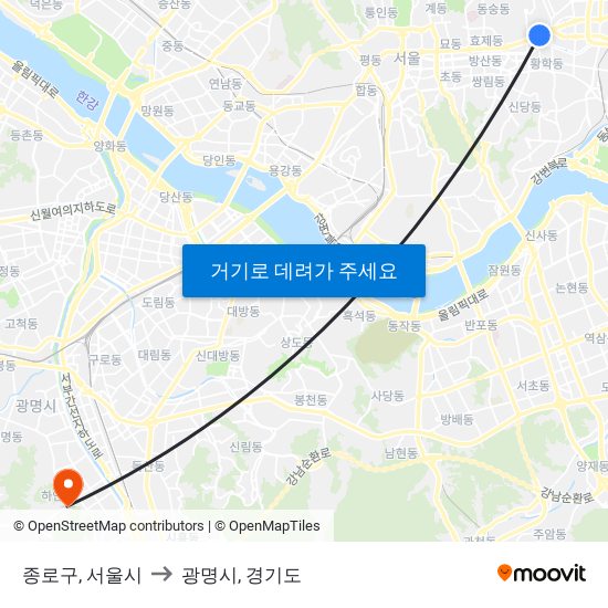 종로구, 서울시 to 광명시, 경기도 map