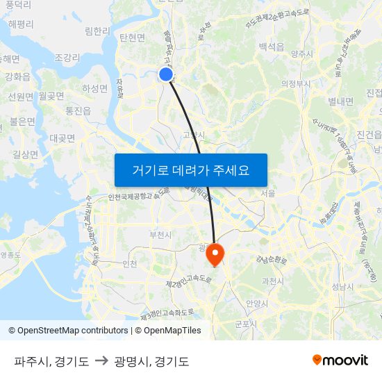 파주시, 경기도 to 광명시, 경기도 map