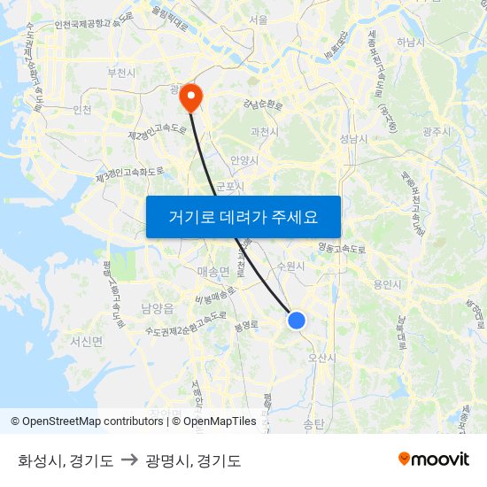 화성시, 경기도 to 광명시, 경기도 map