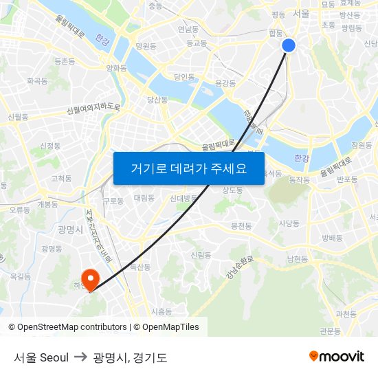 서울 Seoul to 광명시, 경기도 map