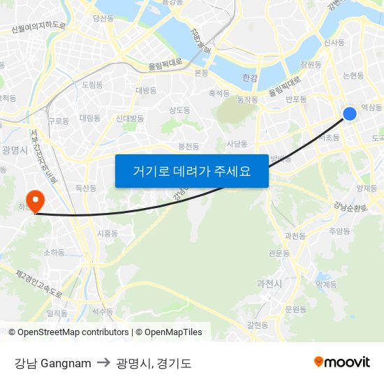 강남 Gangnam to 광명시, 경기도 map