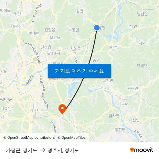 가평군, 경기도 to 광주시, 경기도 map