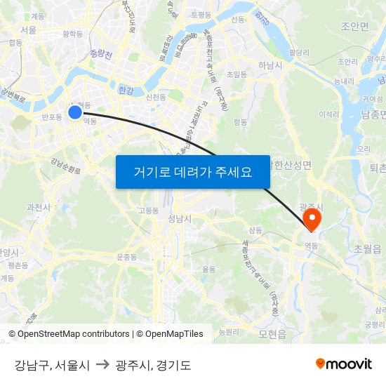 강남구, 서울시 to 광주시, 경기도 map