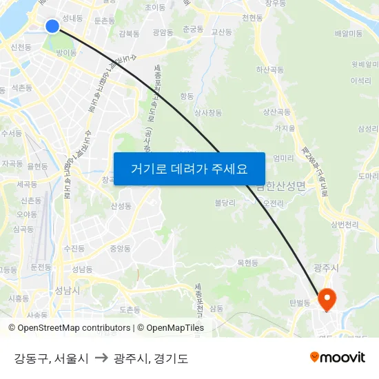 강동구, 서울시 to 광주시, 경기도 map