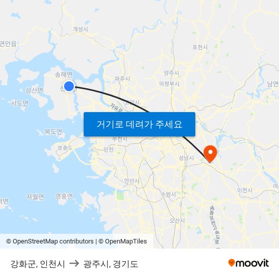 강화군, 인천시 to 광주시, 경기도 map