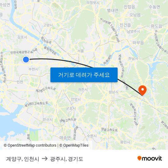 계양구, 인천시 to 광주시, 경기도 map