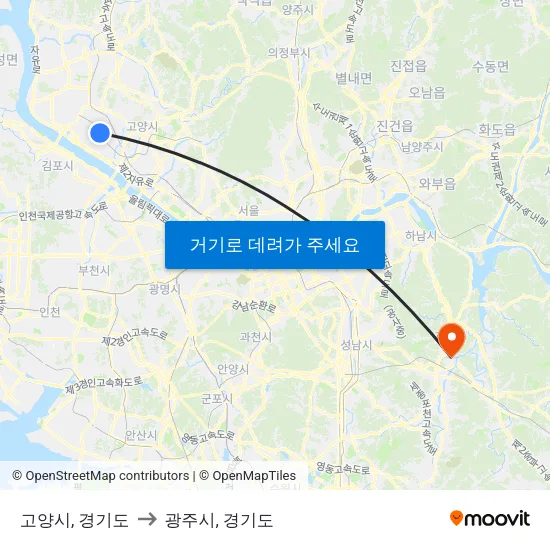 고양시, 경기도 to 광주시, 경기도 map