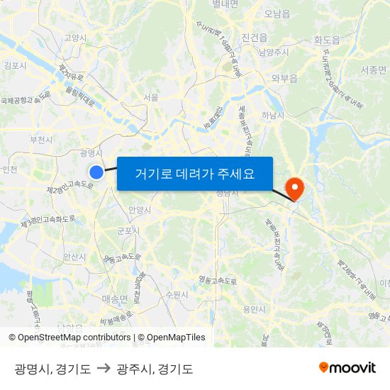 광명시, 경기도 to 광주시, 경기도 map