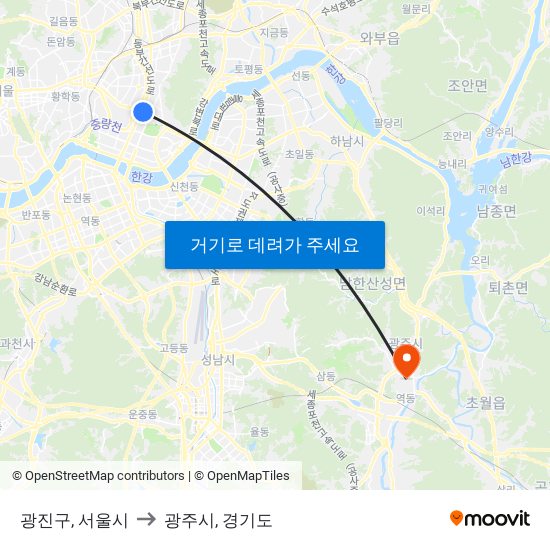 광진구, 서울시 to 광주시, 경기도 map