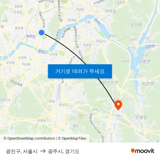 광진구, 서울시 to 광주시, 경기도 map