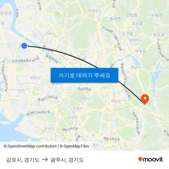 김포시, 경기도 to 광주시, 경기도 map