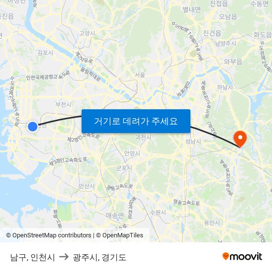 남구, 인천시 to 광주시, 경기도 map