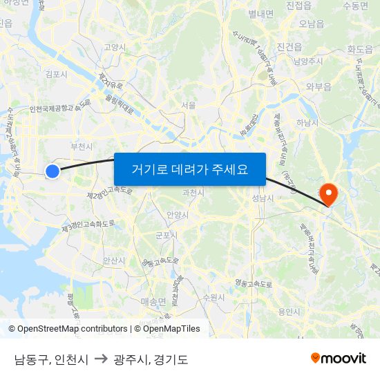 남동구, 인천시 to 광주시, 경기도 map