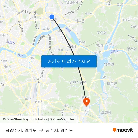 남양주시, 경기도 to 광주시, 경기도 map