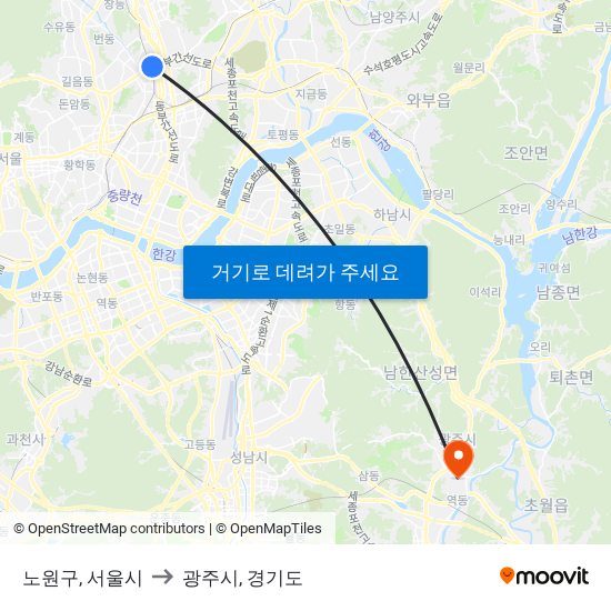 노원구, 서울시 to 광주시, 경기도 map