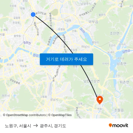 노원구, 서울시 to 광주시, 경기도 map