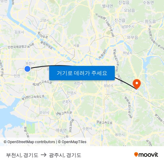 부천시, 경기도 to 광주시, 경기도 map