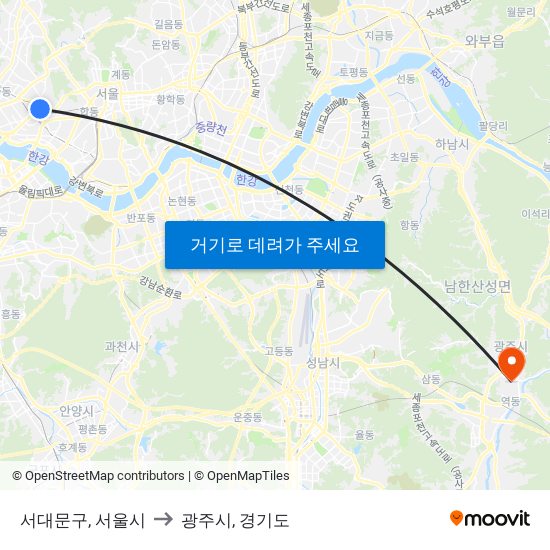 서대문구, 서울시 to 광주시, 경기도 map