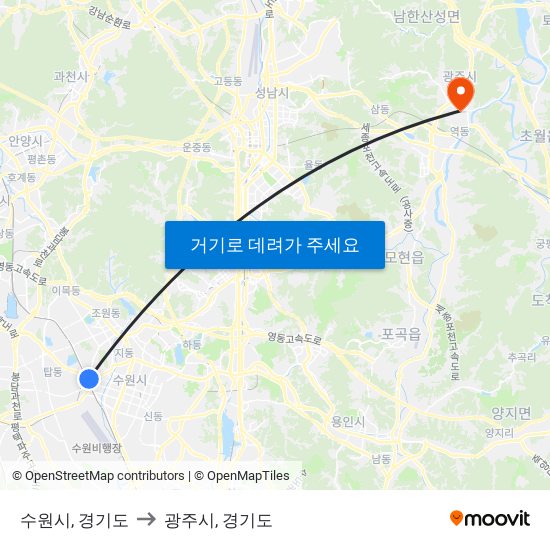 수원시, 경기도 to 광주시, 경기도 map