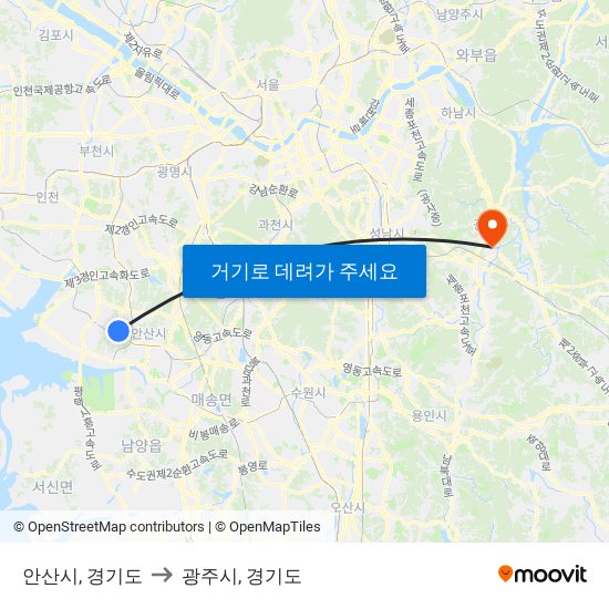 안산시, 경기도 to 광주시, 경기도 map