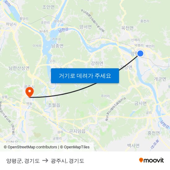 양평군, 경기도 to 광주시, 경기도 map