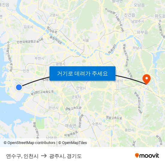 연수구, 인천시 to 광주시, 경기도 map