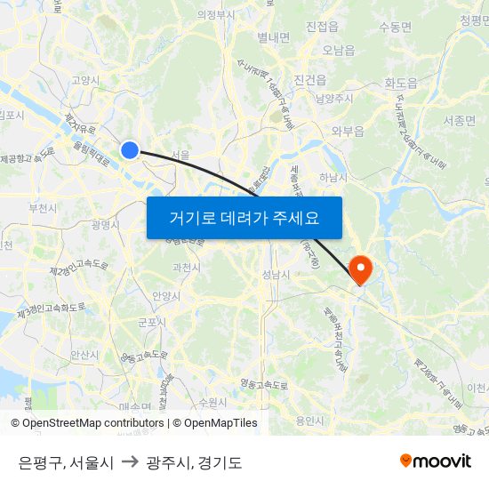 은평구, 서울시 to 광주시, 경기도 map