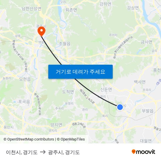 이천시, 경기도 to 광주시, 경기도 map