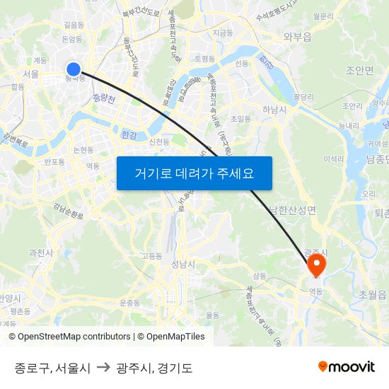 종로구, 서울시 to 광주시, 경기도 map