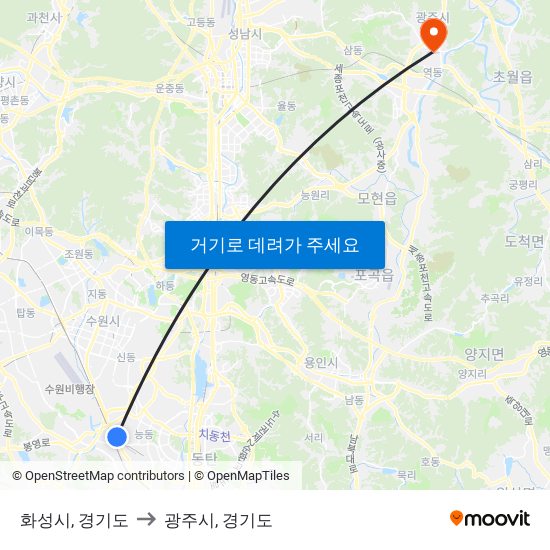 화성시, 경기도 to 광주시, 경기도 map