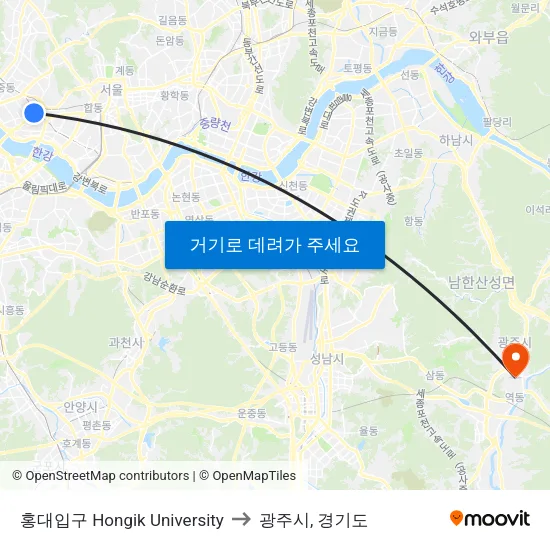 홍대입구 Hongik University to 광주시, 경기도 map