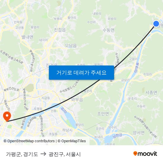 가평군, 경기도 to 광진구, 서울시 map