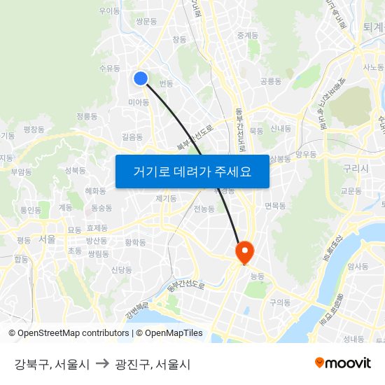 강북구, 서울시 to 광진구, 서울시 map