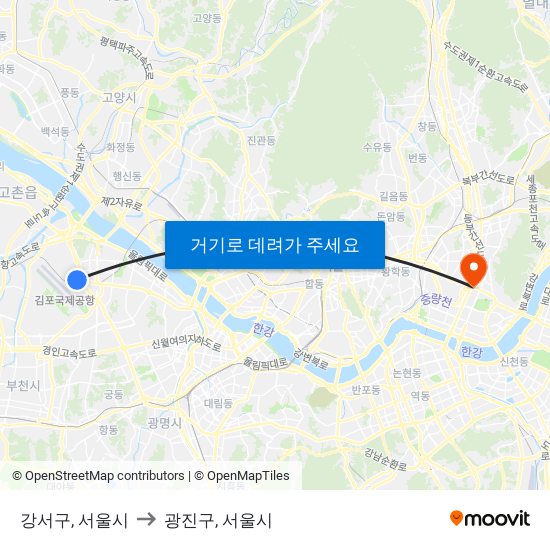 강서구, 서울시 to 광진구, 서울시 map