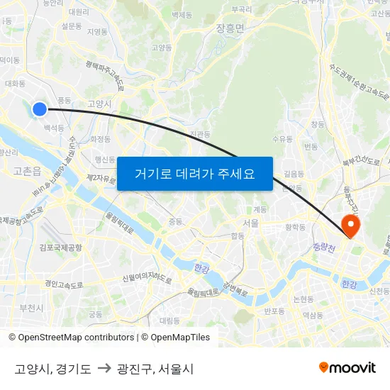 고양시, 경기도 to 광진구, 서울시 map