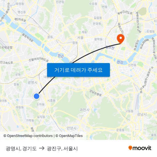 광명시, 경기도 to 광진구, 서울시 map