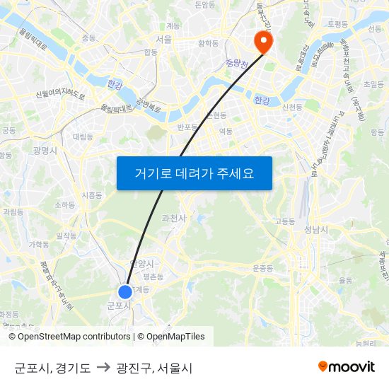 군포시, 경기도 to 광진구, 서울시 map