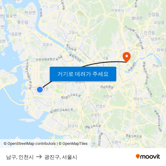 남구, 인천시 to 광진구, 서울시 map