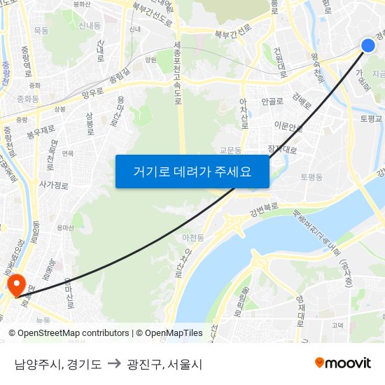 남양주시, 경기도 to 광진구, 서울시 map