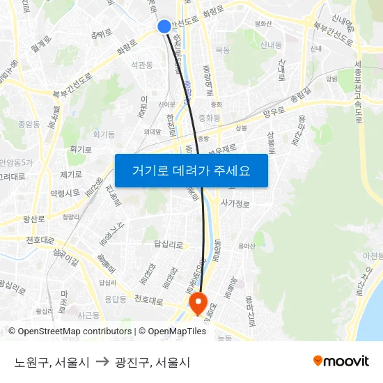 노원구, 서울시 to 광진구, 서울시 map