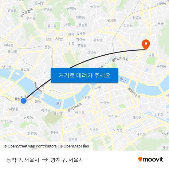 동작구, 서울시 to 광진구, 서울시 map