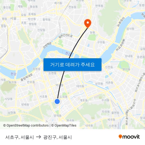 서초구, 서울시 to 광진구, 서울시 map
