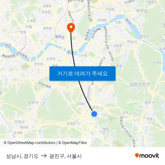 성남시, 경기도 to 광진구, 서울시 map