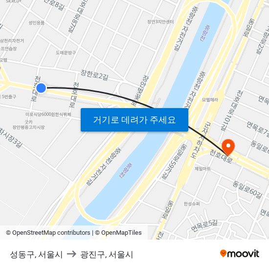 성동구, 서울시 to 광진구, 서울시 map